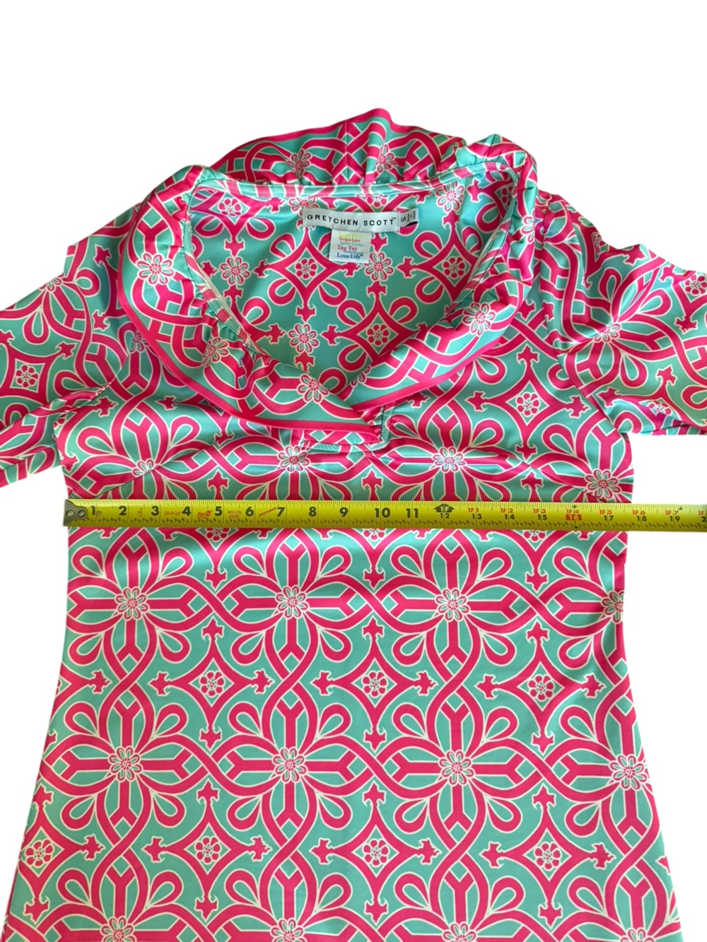 Gretchen Scott Ruff Neck 3/4 Sleeve Sheath Dress Pink Turquoise Print Sz Small - Picture 7 of 12